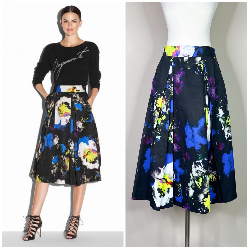 Milly | Abstract Floral Pleated Structured A-Line Designer Midi Skirt Size 6